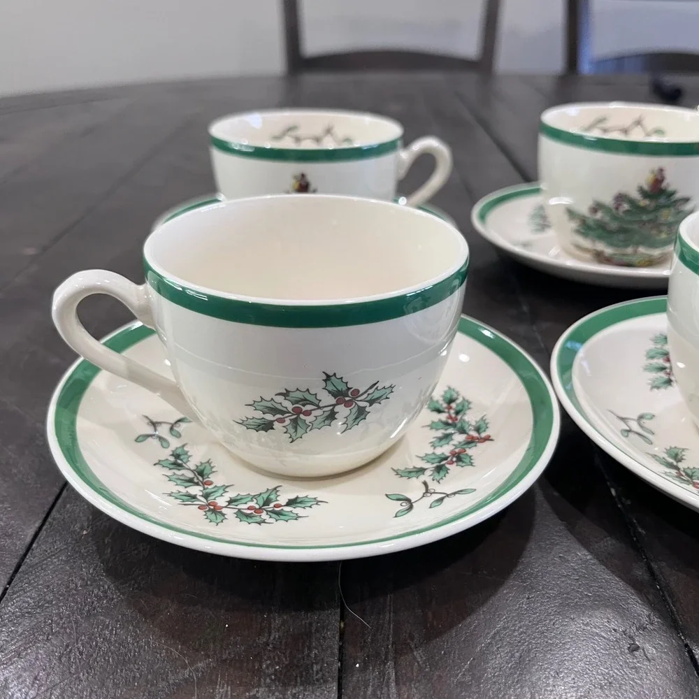 Spode Christmas Tree Teacup and Saucer Set of 4 Made in England S3324 Green Trim